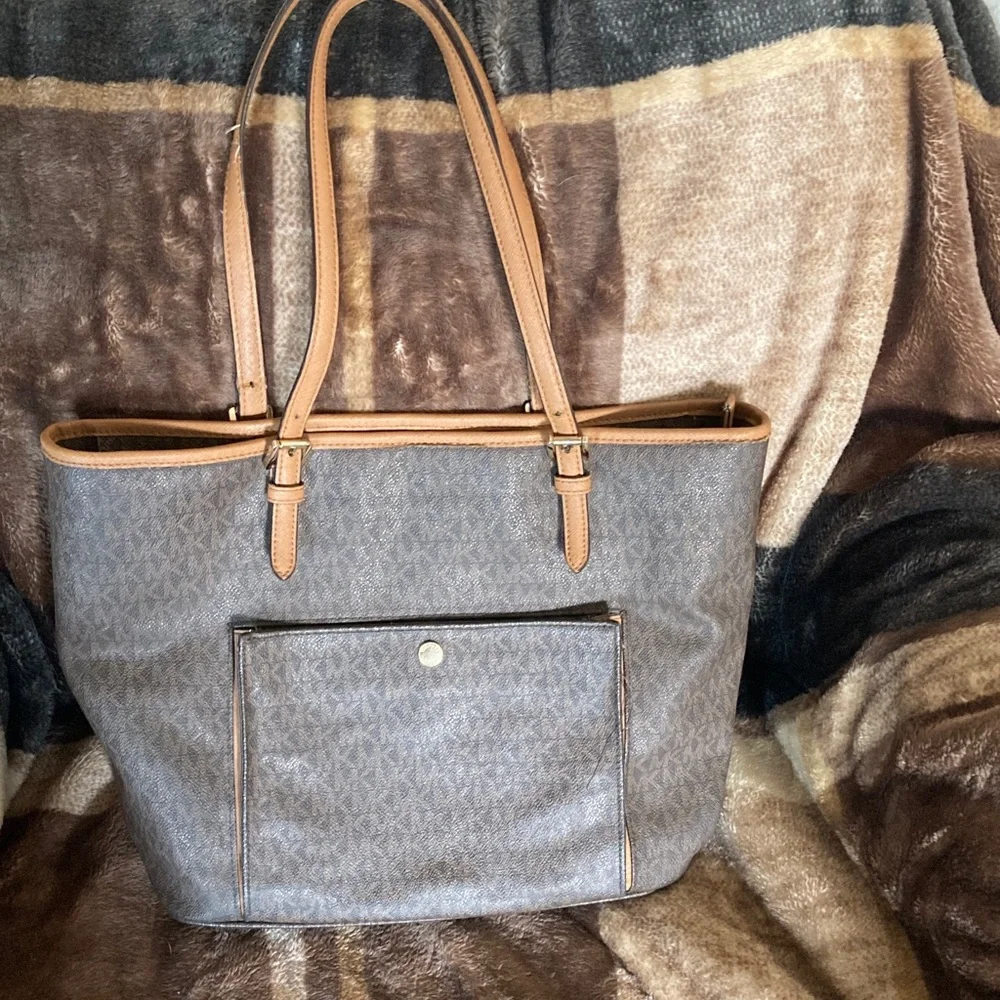 Michael Kors Brown Logo Tote with Tan Leather Straps - Picture 2 of 3